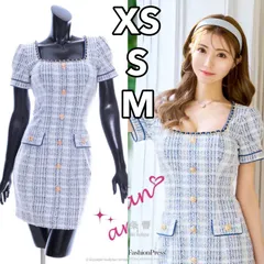 ブルー [AOC 3482-BL-2307] XSサイズあり【an/アン】ストレッチ/ スクエアネック/ チェック/ ツイード/ フロントボタン/ 半袖/ 袖あり/ タイト/ ミニドレス/ キャバドレス[OF05]