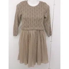 ◇ antiqua 切替プリーツ ウエストゴム 八分袖 膝丈 ドッキングワンピース サイズ4 ブラウンベージュ レディース  【中古】 【1206140001115】