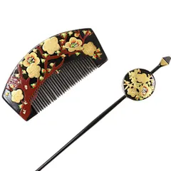 髪飾り 成人式 赤 振袖 前撮り 袴 花 黒 ゴールド 黒 緑 茶 梅 うめ 櫛 前櫛 平打ち簪 平打ちかんざし 蒔絵 螺鈿 和柄 簪 レト No.10-0387