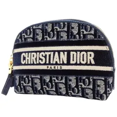 Christian Dior(クリスチャンディオール) オブリーク ポーチ コスメポーチ 化粧ポーチ 小物入れ トロッター ベロア/ベルベット ネイビー紺 ベージュ ゴールド金具 レディース 40802084467【中古】【アラモード】