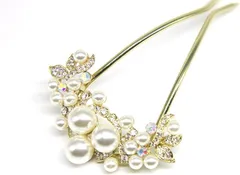 Miaomyao ミャオミャオ 簪 かんざし バチ型 和装 留袖 金属 髪飾り パール ビジュー フラワー 花 U字 コーム ゴールド ヘアアクセサリー(金,  ワンサイズ)