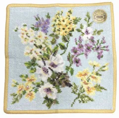 未使用　フェイラー ハンドタオル ハンカチ ルシヨン レディース フラワー パイル地 レディース FEILER フローラル　シュニール織 ミニタオル 水色 クリーム