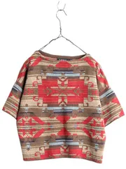 【お得なクーポン配布中!】 LAUREN ラルフローレン ボートネック ネイティブ柄 半袖 ニット セーター レディース M 古着 ポロ コットン リネン 総柄 重ね着 ショート丈