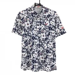 【美品】マスターバニー 半袖ポロシャツ 白×ネイビー 花柄 ボタンダウン メンズ 5(L) ゴルフウェア MASTER BUNNY EDITION