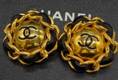 シャネル CHANEL イヤリング ココマーク チェーン ラウンド ヴィンテージアクセサリー 93P GP×ラムスキン ゴールド×ブラック レディース