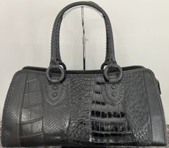 本革クロコダイル　オーストリッチ　ダイヤモンドパイソン　パッチワークバッグ　レディースおしゃれ上品　黒　ブラック　ハンドバッグ