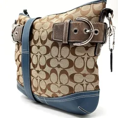 ✨良品✨COACH コーチ ショルダーバッグ ボディバッグ キャンバス レザー 本革 シグネチャー 総柄 ベージュ ブラウン ブルー ネイビー 水色 レディース メンズ ユニセックス 男女兼用 ベルト シルバー金具 チャーム 肩掛け 斜め掛け クロスボディ