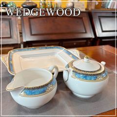 WEDGWOOD カーゾン シュガーポット ＆クリーマー ＆ プレート 3点セット ティーセット ウェッジウッド CURZON ライン ブルー 角皿 金彩 英国 ボーンチャイナ 黒壺 廃盤【CA0105-3】