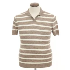 【新品】タリアトーレ TAGLIATORE リネン ボーダー 半袖 スキッパーポロニット ブラウンxホワイト【サイズ50】【メンズ】のサムネイル
