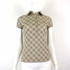 バーバリーブルーレーベル BURBERRY BLUE LABEL シャツ ポロシャツ 半袖 ノバチェック柄 ホース ロゴ 刺繍 ストレッチ M 38 ベージュ 赤 黒 国内正規品 美品