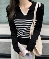 ポロカラー ボーダー ニットトップス Vネック レディース カジュアル ニットウェア 襟付き 着回し ニットプルオーバー おしゃれ 普段着 ニットセーター 秋服 リブニット 着やせ ニット 春秋 長袖 大人シック モノトーンボーダー 85YN-900531