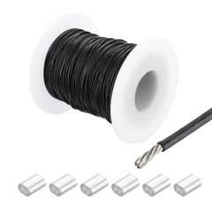 新品 uxcell 131Ft(40M) ワイヤーロープ 304ステンレス鋼ケーブル 1/32 (0.8 mm) ビニールコーティング 6個のアルミスリーブ付き ハンギング クローゼット リフティング 黒