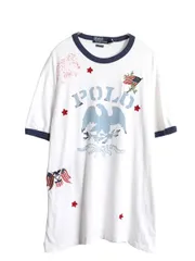 【お得なクーポン配布中!】 90s ポロ ラルフローレン 染込み プリント 半袖 リンガー Tシャツ メンズ L / 星条旗 ミリタリー ハンドステッチ ステンシル イーグル 白