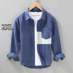 [2XL]メンズ ファッション 服 男性用 オシャレ シンプル 大人 かっこいい 大きいサイズ ストリート 紳士服 夏 リネン ホワイト シャツ 長袖 レトロ コットン リネン シャツ ポケット トップス カジュアル ジャケット