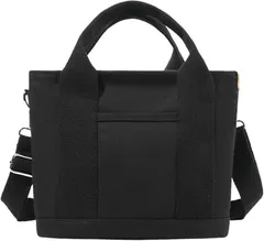 グリーンパキラ はんぷ手提げバッグ トートバック 帆布製 キャンバスバッグ 2WAY ペットボトルが入る ショルダーバッグ 女性用 人気 レディース 斜めがけ ハンドバック 軽量 仕切り付き チャック付き 多機能(ブラック)