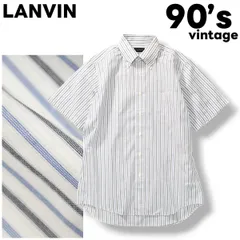 90s ヴィンテージ 日本製 ランバン LANVIN 半袖 ボタンダウン カッター シャツ 40 L相当 ストライプ柄 ブルー x ホワイト メンズ