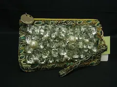 ■美品■ deux lux デュラックス ナイロン 孔雀柄 ビジュー パール ポーチ マルチケース 小物入れ レディース グリーン系 DJ1157のサムネイル