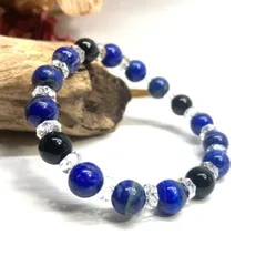 ラピスラズリ & モリオン パワーストーン ブレスレット 天然石ブレスレット 8mm (カット水晶) ♪