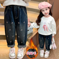 キッズ 女の子 デニムパンツ ロングパンツ ジーンズ 裏起毛 ボトムス ワイドパンツ 長ズボン 子供服 小学生 着痩せ 秋冬 通学 普段着 おしゃれ 防寒 リボン柄 可愛い 韓国fushi1355