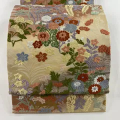 袋帯 秀品 秋草 ヱ霞 唐織 ぼかし ベージュ 六通 正絹 【中古】