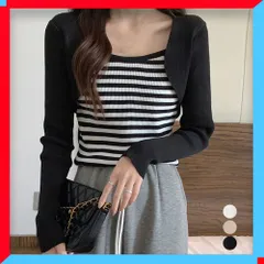 新品 長袖リブニットニットソー レディース レイヤード風 スクエアネック ニットトップス ニットセーター 春 秋 冬 お洒落 【送料無料】