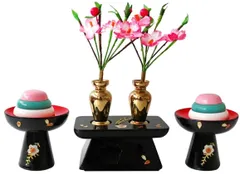 【新品】25号☆木製☆黒塗 ☆さくら二品セット☆ひな人形用☆雛道具☆金属徳利☆ひな道具 雛人形 小道具☆雛祭り☆小サイズ☆伝統工芸品☆雛祭り☆菱台、高杯セット☆おひなさま☆前飾り