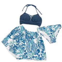 【Beach Queen/ビーチクイーン】レディース水着 ボタニカル柄 花柄 ニット 水着セット ブルー 青 ビキニ セパレート ショートパンツ付き（訳あり・新品・未使用）