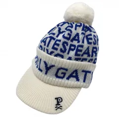 【新品】パーリーゲイツ つば付ニット帽 白×ブルー ロゴ総柄 ボンボン付 FR  ゴルフウェア 2023年モデル PEARLY GATES