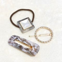【3点】新品ゴールド&グレー ヘアアクセサリーまとめ売り ヘアピンヘアゴム 韓国