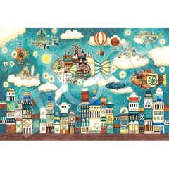 エポック社 1000ピース ジグソーパズル イラスト/アート 西村典子 空想街カフェの奥の空飛ぶ魚の街 （50×75cm） 12-620s のり付き ヘラ付き 点数券付き EPOCH