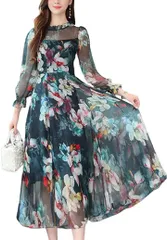 Ava Knights 花柄 シフォン レース 長袖 ワンピース Lサイズ( ネイビー,  L)