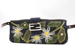 フェンディ デニム 刺繍 マンマバケット ショルダーバッグ フラワー 花柄 ネイビー シルバー金具