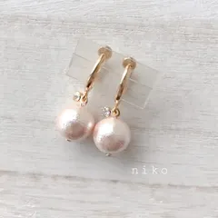 ◆ 07 ピンク コットンパール ジルコニア フープ ピアス イヤリング 10mm ◆　定番 人気 上品 シンプル 小ぶり ハンドメイド 結婚式 卒業式 入学式 オフィス　☆シルバーカラー変更可