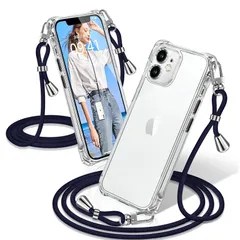 iPhone 12 mini ケース クリア ショルダー 耐衝撃 iPhone12mini スマホケース 透明 織りストラップ付き 肩がけ 首掛け 紐付き アイフォン12mini カバー 縄掛け シングルショルダーロープ 斜めがけ 調節可能なショルダー ク 1