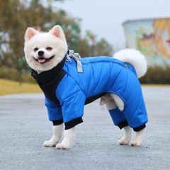 【数量限定】中型犬 小型犬 雪対策 ペット服 大型犬 暖かい 防水ジャケット着脱簡単 撥水 防寒 厚い 一体型綿入れを牽引する 四つの足 (ブルー 軽量 お散歩お出かけ ハーネス付き 反射テープ付き 背中開き ダウンベスト風ジャケット ジャケット M) 綿服コ