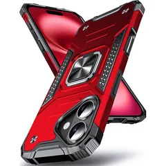 【新品】 DASFOND iPhone 17 用 ケース 360度回転メタルリングキックスタンド付き 米軍MIL 耐衝撃 強化PCハードバック 傷つけ防止 スマホケース アイフォン17 カバー 6.3 インチ レッド 0