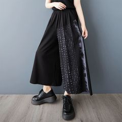 モード系   お洒落 ゴムウエスト  プリント生地 ステッチデザイン   配色  ストレートボトムス  夏用ボトムス  ワイドレッグパンツ  8分丈パンツ  夏物　カジュアルパンツ  個性派