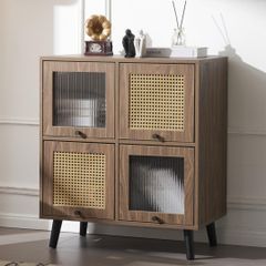 ラタンキャビネット キャビネットチェスト ガラス扉 ラタン調ラタン風フラップ扉収納