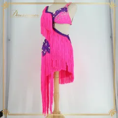 【日本製 社交ダンス衣装】ピンク Chacott チャコット ラテン ドレス ワンピース フリンジ 蛍光 紫 デモ 競技用 ダンス 小物 伸縮性