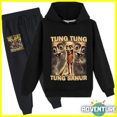 Tung Tung Tung Sahur トゥントゥントゥン サフール 長袖 パーカー 100 110 120 130 140 150 160 黒ブラック セットアップ 上下セット 男の子 トップス 子供服キッズ服イタリアンブレインロットtspsu4
