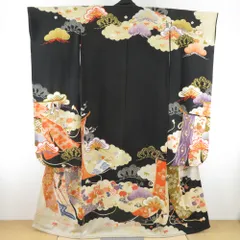 日本製 アンティーク 振袖 お引きずり 黒 鳳凰 金駒刺繍 五ツ紋 伊達衿