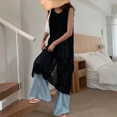 透かし編みベスト ロングベスト レディース 夏ニット ニットベスト バックスリット トップス プルオーバー かぎ編み 綿レースベスト レイヤードロングニットベスト きれいめ ナチュラル カジュアル 大人可愛い おしゃれ 森ガール エスニック hanxing02