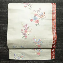 中古 袋帯 未仕立て品 六通柄 正絹 花柄 フォーマル 白