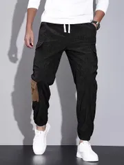 メンズ コーデュロイ カーゴパンツ 多機能ポケット付き ドローストリングウエスト カジュアル ジム アウトドア対応