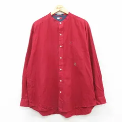 XL/古着 トミーヒルフィガー 長袖 ブランド シャツ メンズ 90s ワンポイントロゴ 大きいサイズ リネン ノーカラー 赤 レッド 25mar22 中古 