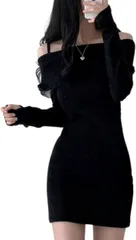 COCO&YUKA(ココアンドユカ) オフショルダー ニット タイト ミニ ワンピース セクシー チュニック 長袖 肩出し かわいい レディース ロング 肩紐付き( ブラック,  XL)