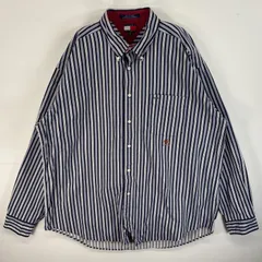 古着 90's/90年代 トミーヒルフィガー TOMMY HILFIGER 長袖シャツ ロゴ 刺繍 肉厚 ボタンダウン XXL  ネイビー系 ストライプ メンズ