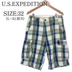 U.S.EXPEDITION ハーフパンツ サイズ32 L~XL相当 チェック柄 ブルー グリーン系 コットン メンズ 古着 ショートパンツ 大きいサイズ 大きめ