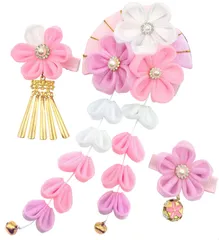 【在庫処分】3点セット 桜デザイン つまみ細工 可愛い 和玉 【6色展開】赤 青 紫 髪飾り ピンク 黒 緑 鈴付き 成人式 七五三 浴衣 袴 着物 振袖用 和装 [JZOON] 手作り 専用ケース付き 卒業式 結婚式用 H5800