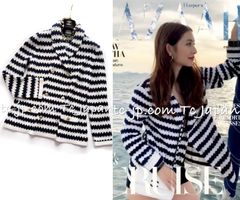 シャネル  カーディガン 春夏サマーニット 美人見え ジャケット 軽くて柔らか カシミア CHANEL 21C 2021 アイボリー ネイビー ストライプ 希少 超美品 36 38